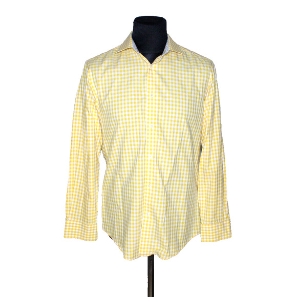 A4 Auth BUGATCHI UOMO Yellow Check Button Up Long Sleeve Shirt Size L - Picture 1 of 5